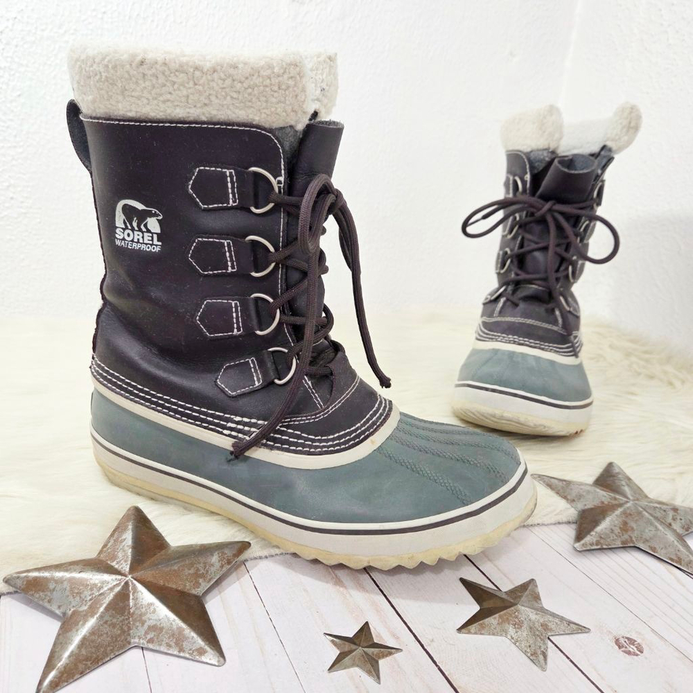 Sorel 1064 Pac winter snow boots dark brown aqua blue lace up women's size 9